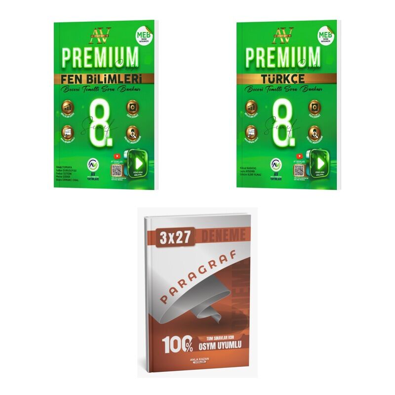 2027 Av 8. Sınıf Premium Beceri Temelli Fen Bilimleri + Türkçe Soru + anla kazan paragraf deneme 3'lü Set