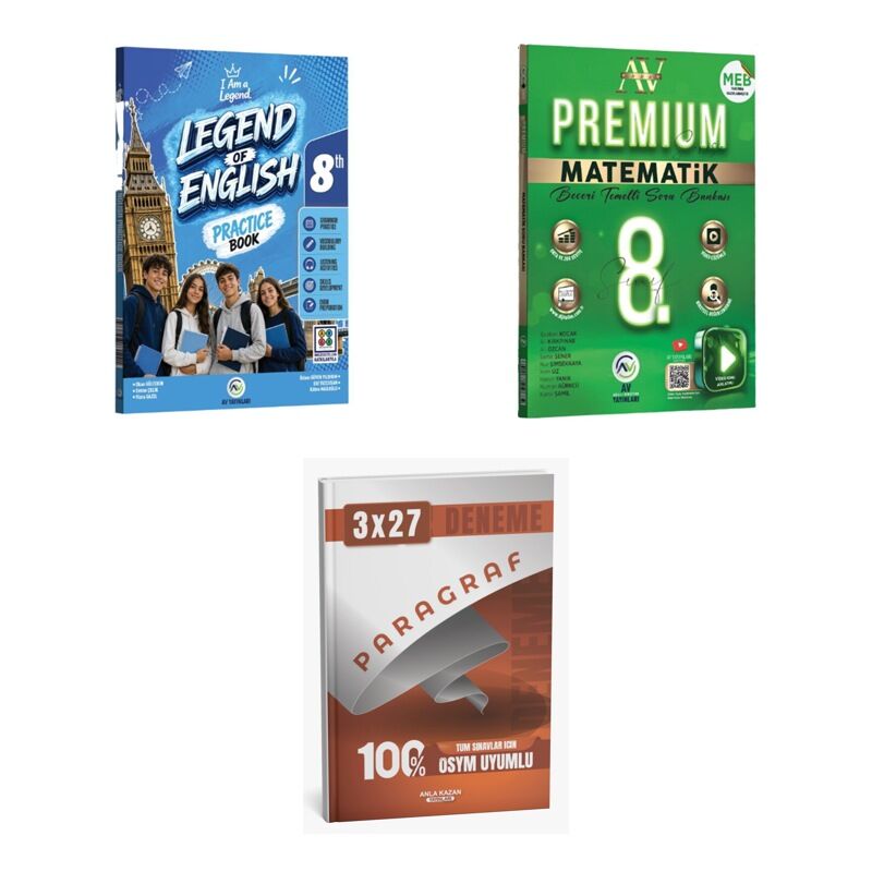2027 Av 8. Sınıf İngilizce Legend Of English Practice Book + Matematik Premium Beceri Temelli Soru 3'lü Set