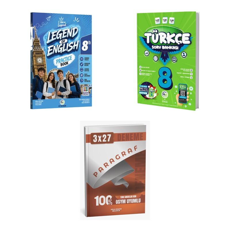2027 Av 8. Sınıf İngilizce Legend Of English Practice Book + Türkçe Soru + anla kazan paragraf deneme 3'lü Set