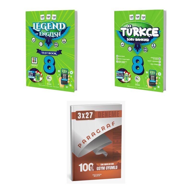 2027 Av 8. Sınıf İngilizce Legend Of English Test Book + Türkçe Soru + anla kazan paragraf deneme 3'lü Set