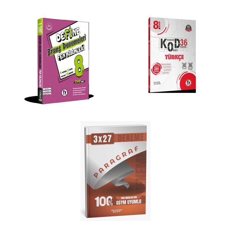 2027 Fi 8. SINIF DENEME Fen DEFİNE BİLİMLERİ BRANŞ + Türkçe KOD 36 Deneme + anla kazan paragraf deneme 3'lü Set