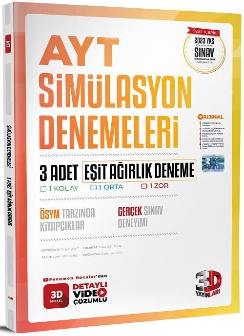 3D Yayınları YKS AYT Eşit Ağırlık Simülasyon 3 Deneme Video Çözümlü 3D Yayınları
