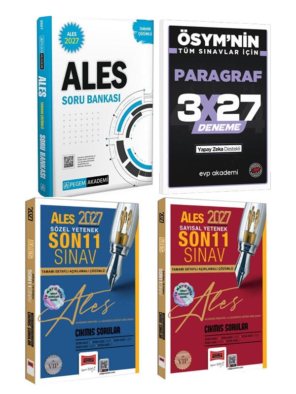 Pegem+Yargı  2027 ALES Tamamı Çözümlü Soru Bankası+Sözel-Sayısal Çıkmış Soru+EVP Akademi 3x27 Paragraf Deneme