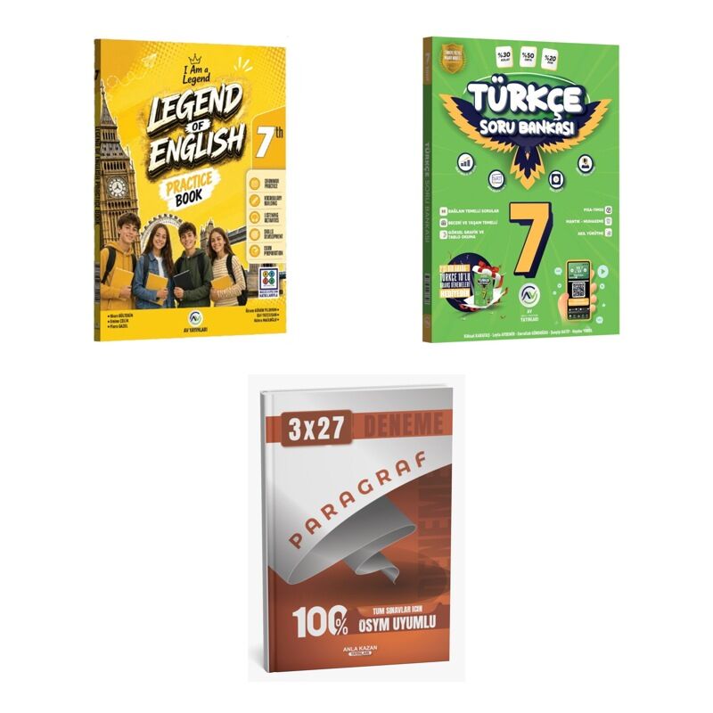 2027 Av 7. Sınıf İngilizce Legend Of English Practice Book + Türkçe Soru + anla kazan paragraf deneme 3'lü Set