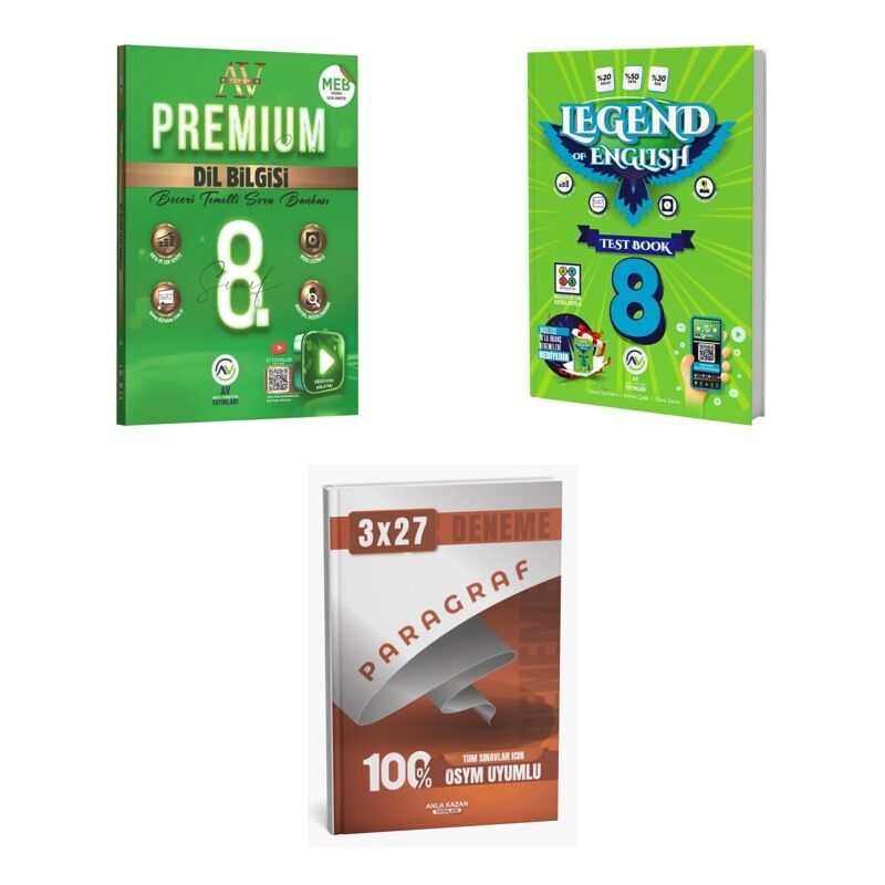2027 Av 8. Sınıf Türkçe Dil Bilgisi Premium Beceri Temelli + İngilizce Legend Of English Test Book Soru 3'lü Set
