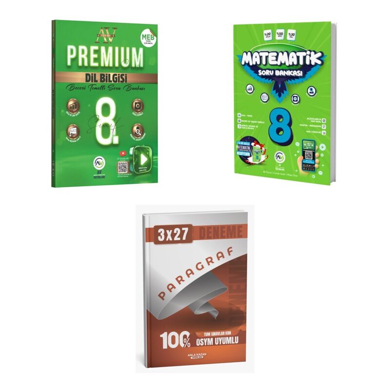 2027 Av 8. Sınıf Türkçe Dil Bilgisi Premium Beceri Temelli + Matematik Soru + anla kazan paragraf deneme 3'lü Set