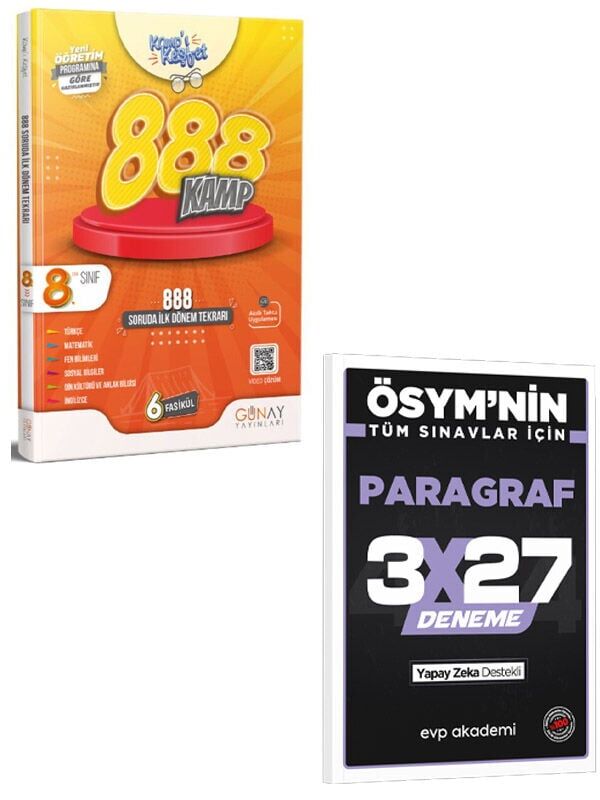 Günay 2027 8. Sınıf 888 Soruda İlk Dönem Kamp Kitabı+EVP Akademi 3x27 Paragraf Deneme