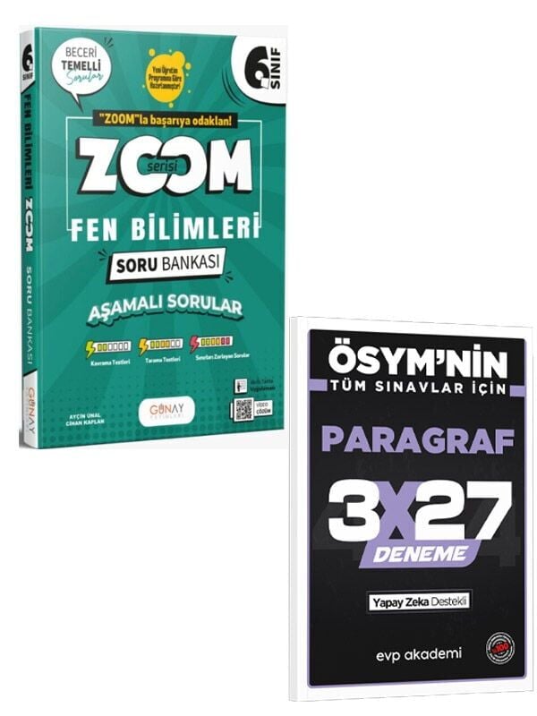 Günay 2027 6. Sınıf Fen Bilimleri Zoom Soru Bankası+EVP Akademi 3x27 Paragraf Deneme