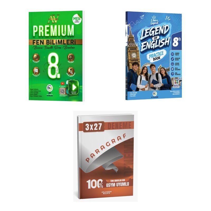 2027 Av 8. Sınıf Fen Bilimleri Premium Beceri Temelli + İngilizce Legend Of English Practice Book Soru 3'lü Set