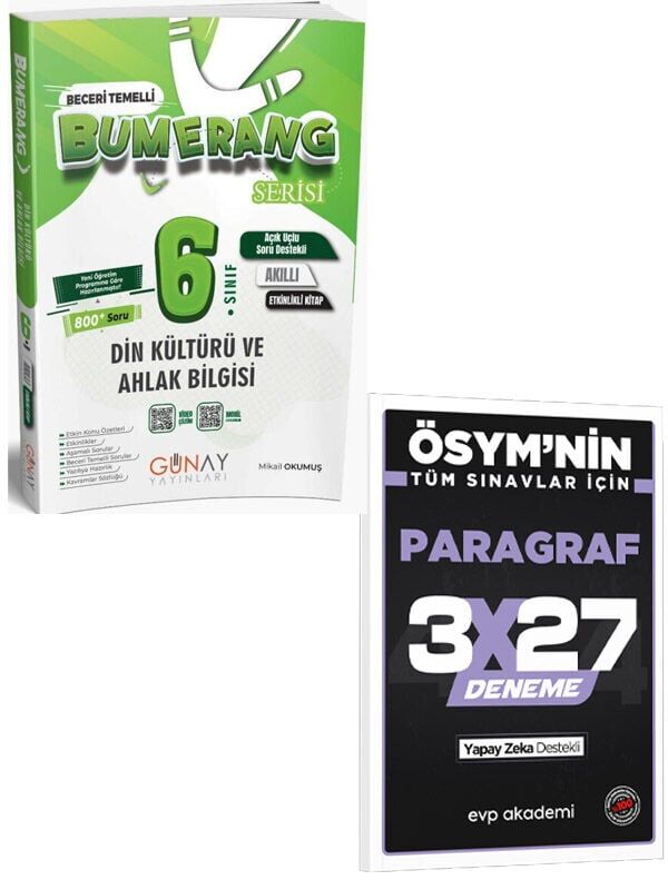 Günay 2027 6. Sınıf Din Kültürü ve Ahlak Bilgisi Etkinlikli Bumerang Serisi+EVP Akademi 3x27 Paragraf Deneme
