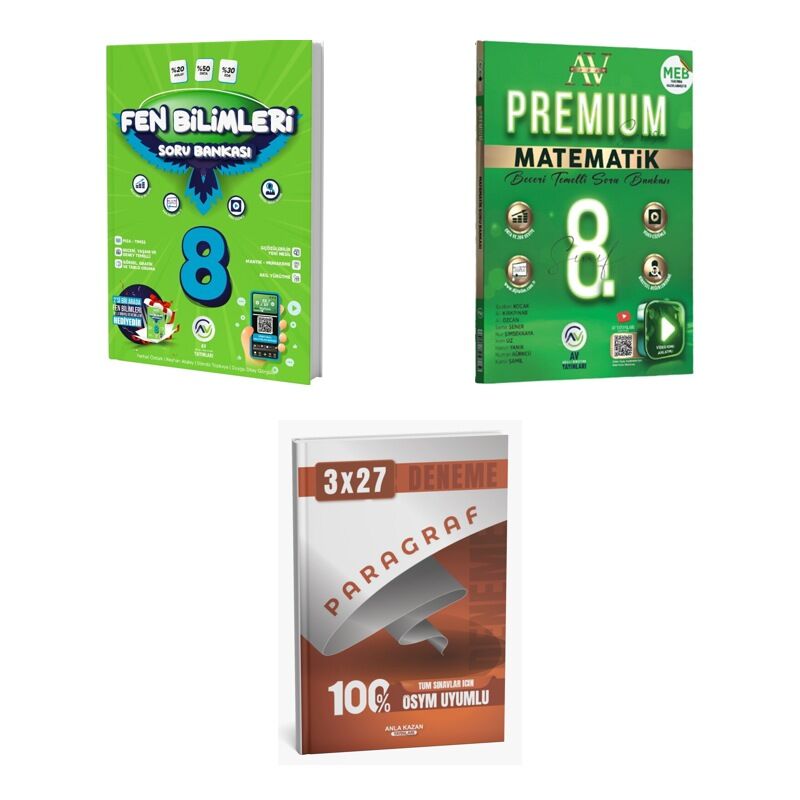 2027 Av 8. Sınıf Fen Bilimleri + Matematik Premium Beceri Temelli Soru + anla kazan paragraf deneme 3'lü Set