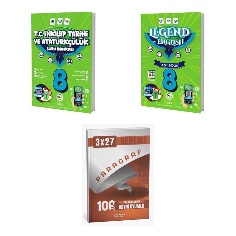 2027 Av 8. Sınıf İnkılap Tarihi ve Atatürkçülük + İngilizce Legend Of English Test Book Soru + Ankapade 3'lü Set
