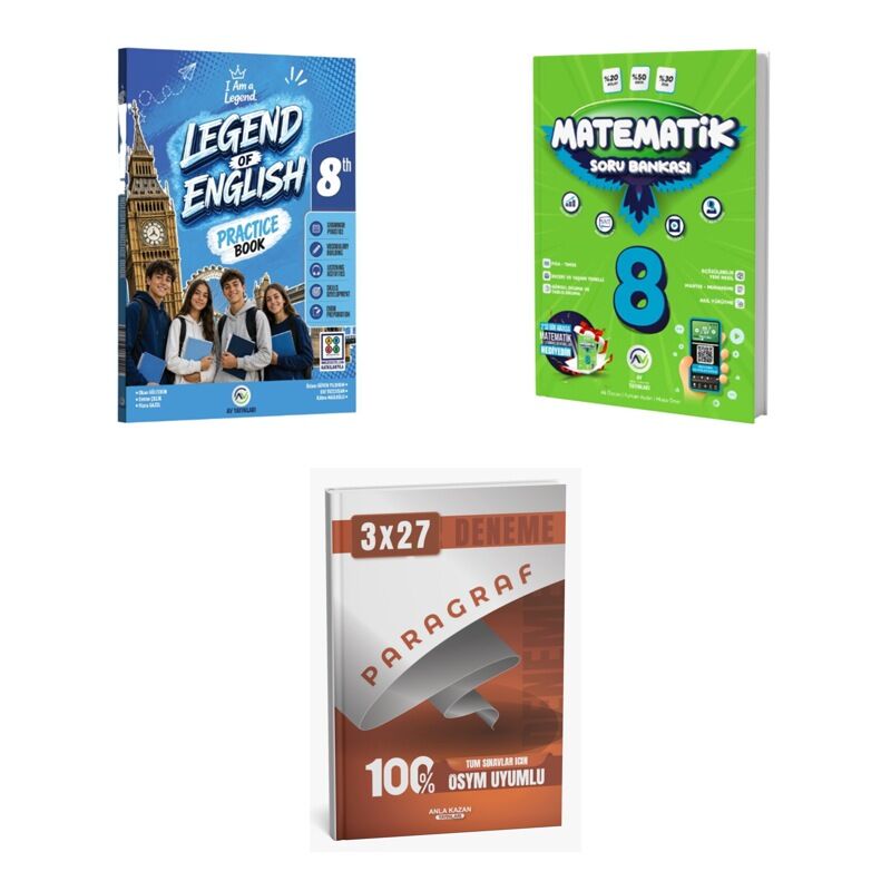2027 Av 8. Sınıf İngilizce Legend Of English Practice Book + Matematik Soru + anla kazan paragraf deneme 3'lü Set