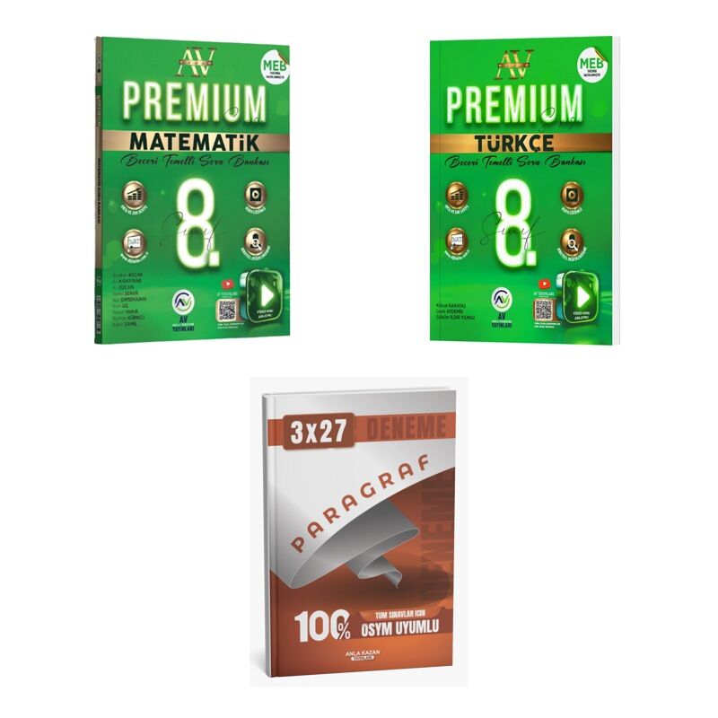 2027 Av 8. Sınıf Premium Beceri Temelli Matematik + Türkçe Soru + anla kazan paragraf deneme 3'lü Set