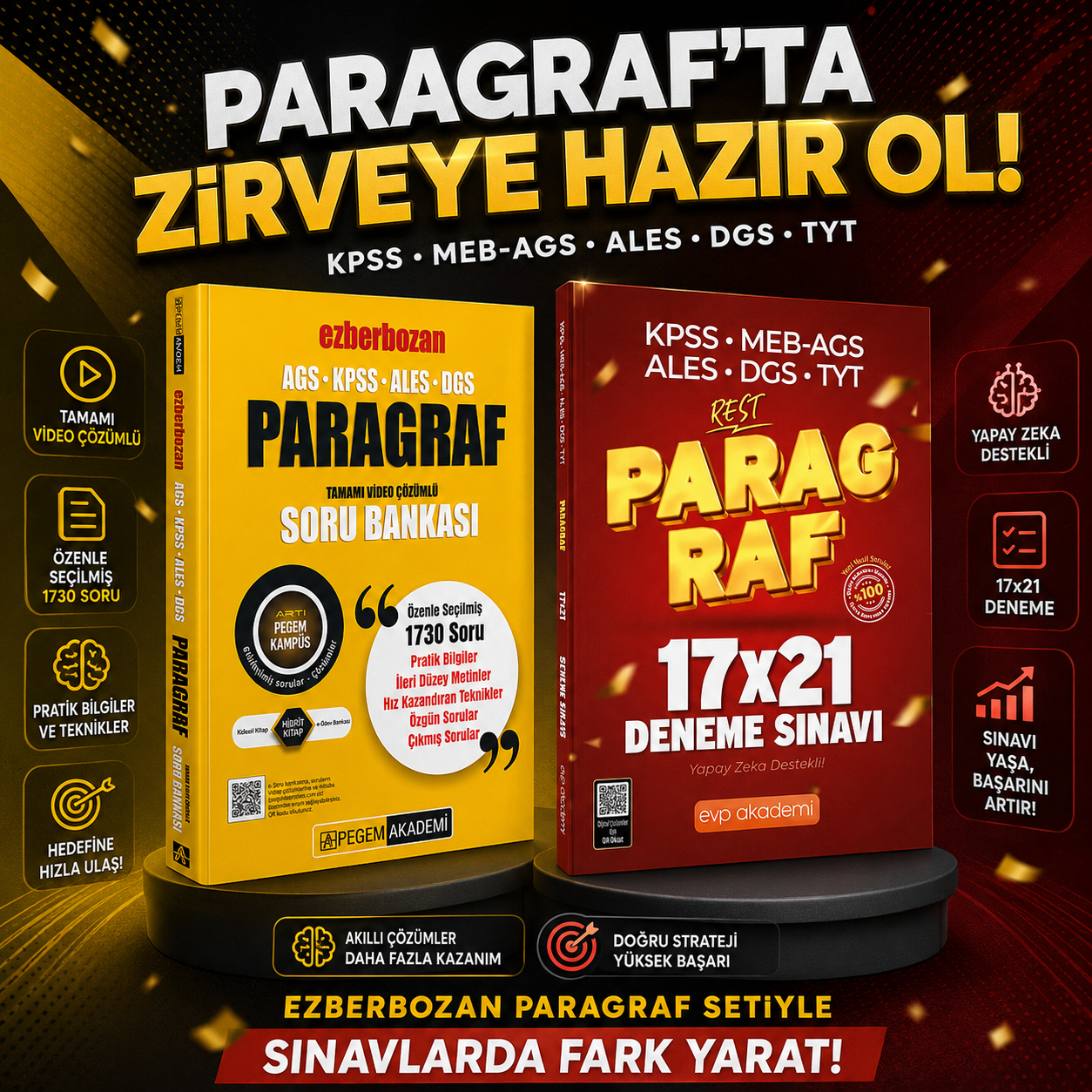 Pegem Ezberbozan Paragraf Soru Bankası & KPSS MEB AGS ALES DGS TYT Paragraf Deneme EVP Akademi Seti