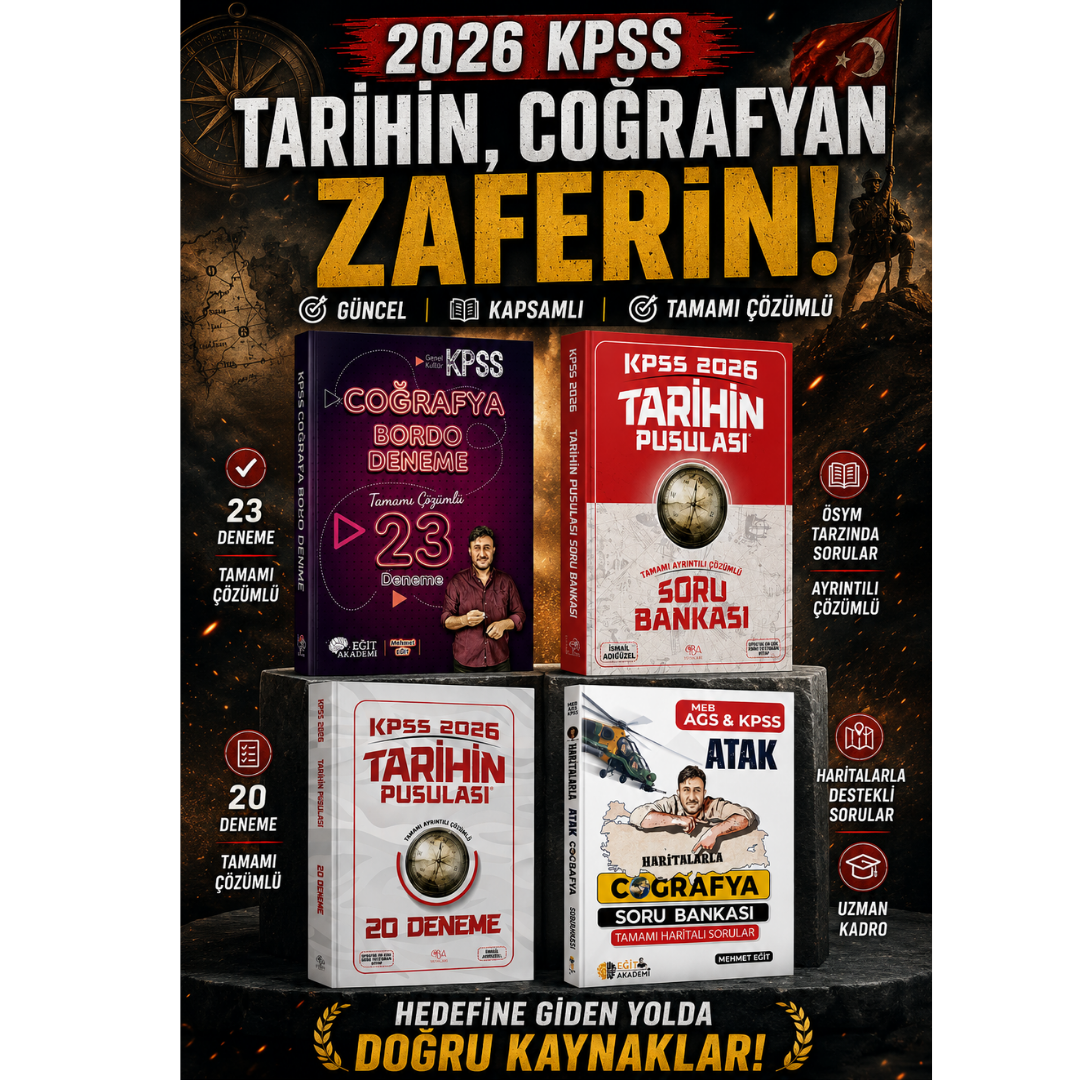 Mehmet Eğit KPSS Coğrafya Bordo 23 Deneme & Haritalarla Coğrafya Soru Bankası & İsmail Adıgüzel KPSS Tarihin Pusulası 20 Deneme & KPSS Tarih Soru Bankası Seti