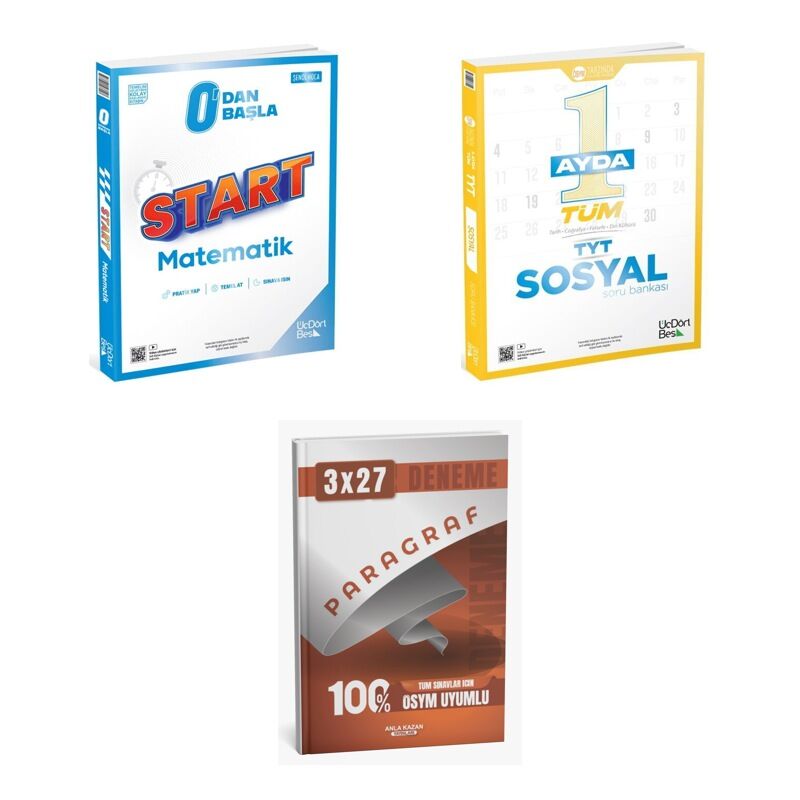2027 TYT ÜçDörtBeş Sıfırdan Başla Start Matematik + 1 Ayda Tüm Sosyal Soru + anla kazan paragraf deneme 3'lü Set