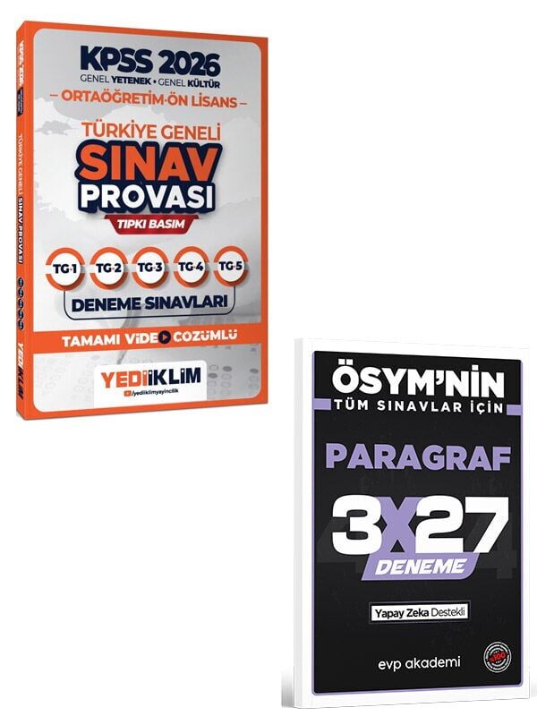 Yediiklim 2026 KPSS Ortaöğretim Ön Lisans GY GK Türkiye Geneli Sınav Provası Tıpkı Basım Deneme+EVP Akademi 3x27 Paragraf Deneme