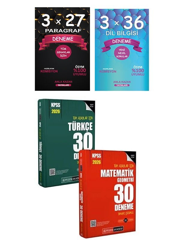 Pegem + Anla Kazan 2026 KPSS Türkçe+Matematik+Paragraf+Dil Bilgisi 60 Deneme 4 lü Set