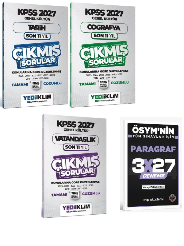 Yediiklim 2027 KPSS Tarih + Coğrafya + Vatandaşlık Çıkmış Sorular Son 11 Yıl Konularına Göre 3 lü Set+ EVP Akademi Paragraf
