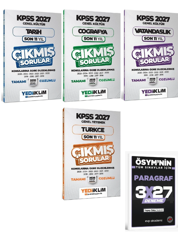 Yediiklim 2027 KPSS Tarih + Coğrafya + Vatandaşlık + Türkçe Çıkmış Sorular Son 11 Yıl Konularına Göre 4 lü Set+ EVP Akademi Paragraf