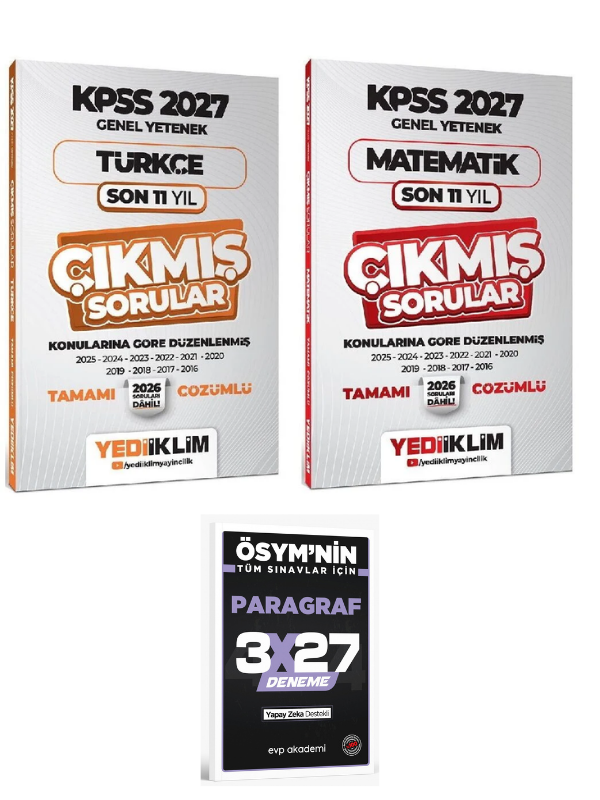 Yediiklim 2027 KPSS Türkçe + Matematik Çıkmış Sorular Son 11 Yıl Konularına Göre 2 li Set+ EVP Akademi Paragraf
