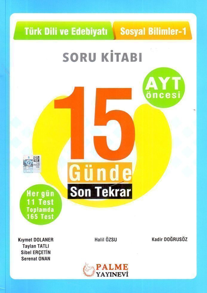 Palme Yayınları AYT Öncesi Türk Dili ve Edebiyatı Sosyal Bilimler 1 15 Günde Son Tekrar Soru Kitabı