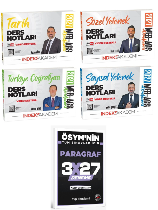 İndeks Akademi 2027 MEB-AGS Tarih + Türkiye Coğrafyası + Sayısal + Sözel Video Ders Notları 4 lü Set+ EVP Akademi Paragraf