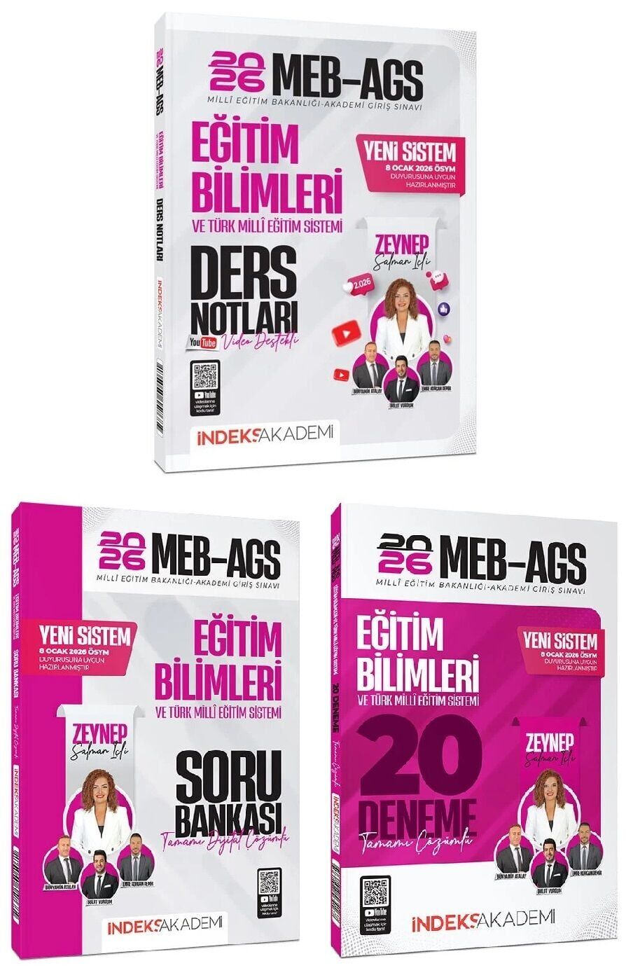 YENİ AGS SİSTEMİ - İndeks Akademi 2026 MEB-AGS Eğitim Bilimleri ve Türk Milli Eğitim Sistemi Video Ders Notları + Soru Bankası + 20 Deneme 3 lü Set - Zeynep Salman İçli İndeks Akademi Yayıncılık