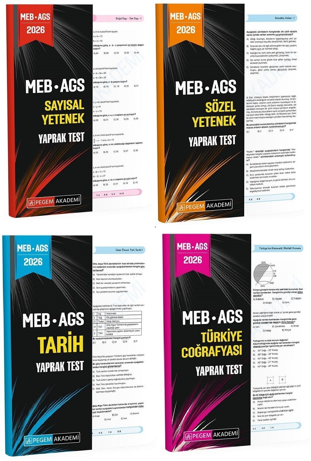 Pegem 2026 MEB-AGS Sayısal + Sözel Yetenek + Tarih + Türkiye Coğrafyası Yaprak Test 4 lü Set Pegem Akademi Yayınları