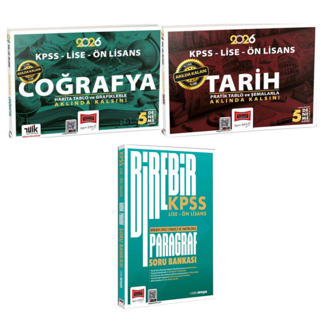 Yargı 2026 KPSS Coğrafya Harita Tablo ve Grafiklerle +5 Deneme & KPSS Tarih Akılda Kalan Pratik Tablo ve Şemalarla & KPSS Lise - Ön Lisans Birebir Paragraf Soru Bankası Seti