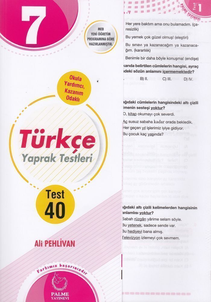 Palme Yayınları 7. Sınıf Türkçe 40 Yaprak Test