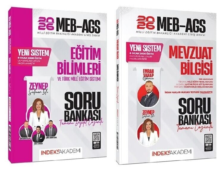 YENİ AGS SİSTEMİ - İndeks Akademi 2026 MEB-AGS Eğitim Bilimleri + Mevzuat Bilgisi Soru Bankası 2 li Set - Zeynep Salman İçli, Emrah Vahap Özkaraca İndeks Akademi Yayıncılık