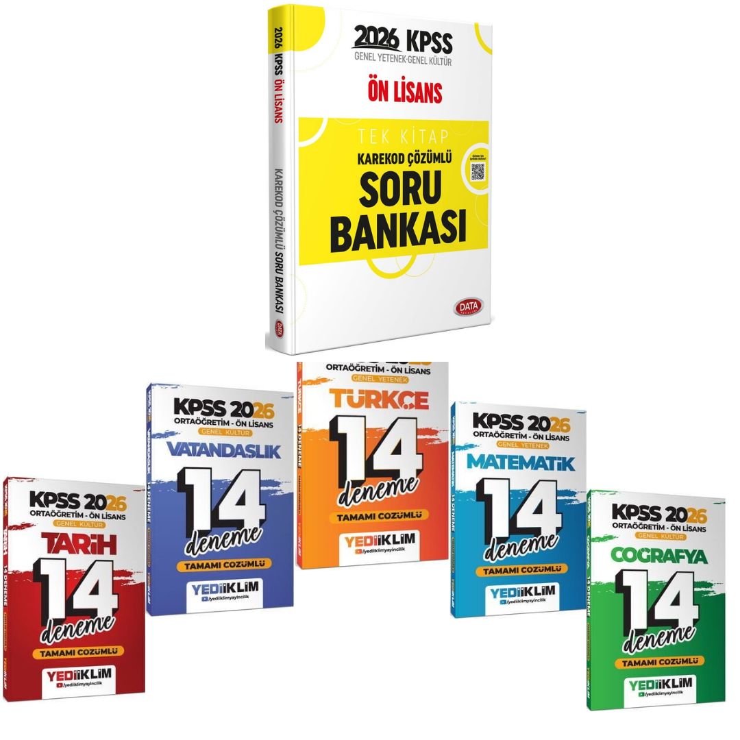 Data Yayınları KPSS Önlisans Tek Kitap Karekod Çözümlü Soru Bankası & Yediiklim KPSS Ön Lisans Tüm Dersler 14 Deneme Seti