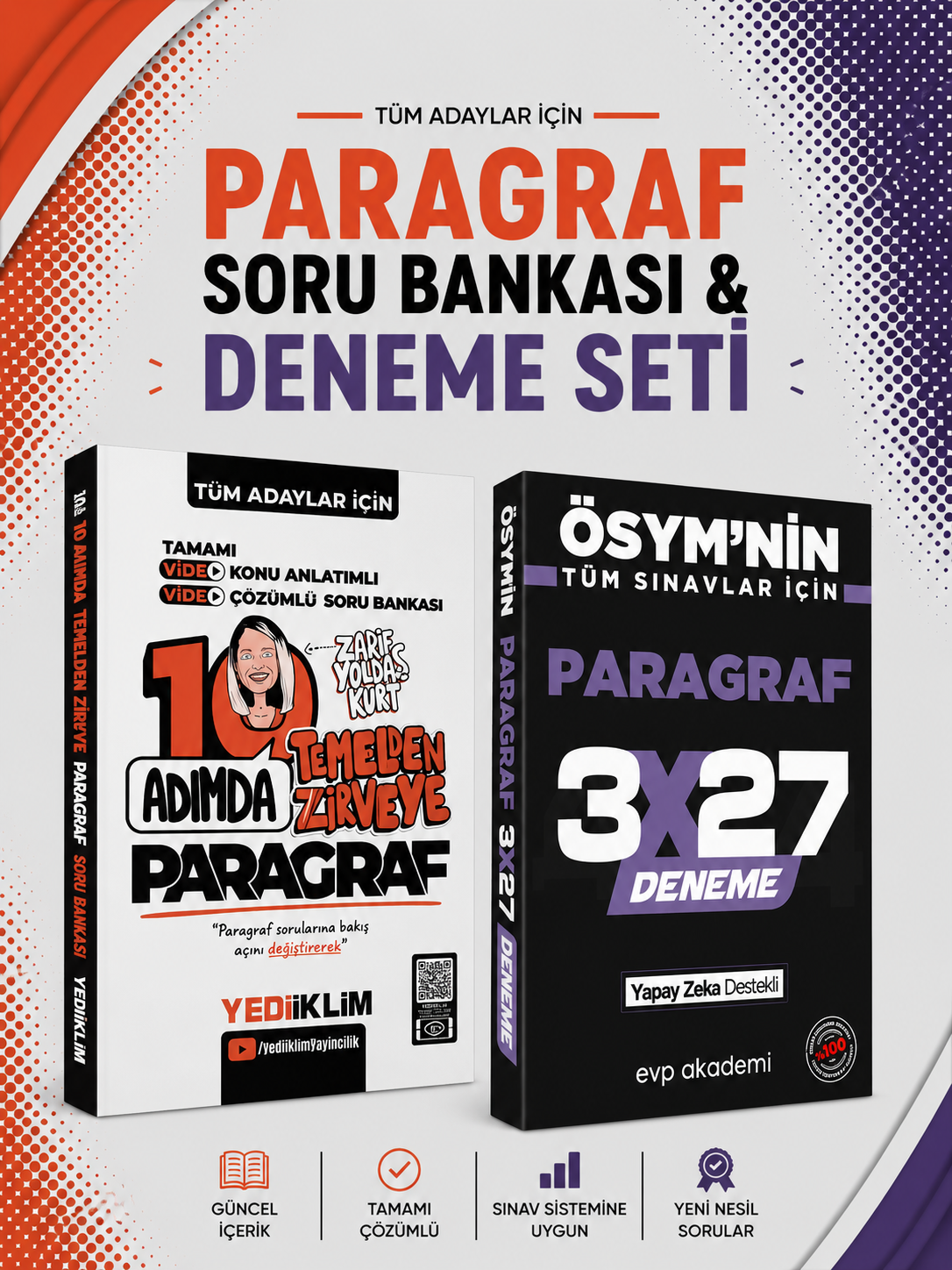 Yediiklim 10 Adımda Paragraf Konu Anlatımlı ve Soru Bankası & 3x27 Paragraf Deneme EVP Akademi Seti