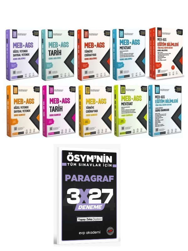 Pegem 2027 MEB-AGS Tüm Dersler Konu Anlatımlı + Soru Bankası 10 lu Set + EVP Akademi Paragraf
