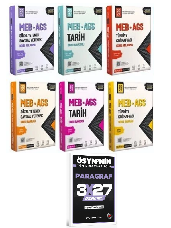 Pegem 2027 MEB-AGS Sözel-Sayısal Yetenek + Tarih + Coğrafya Konu + Soru Bankası 6 lı Set+ EVP Akademi Paragraf