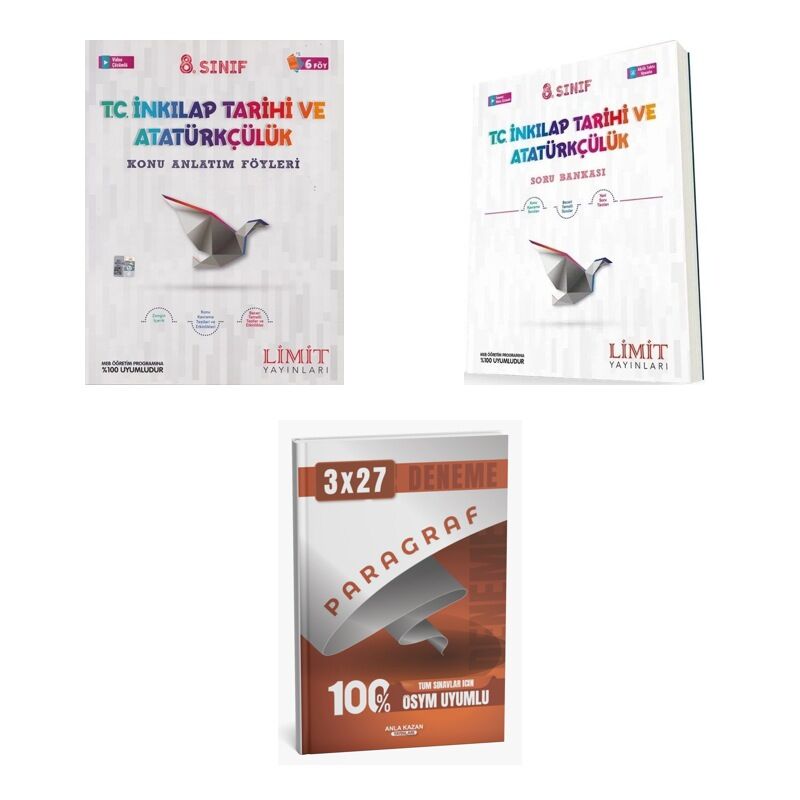 2027 Limit 8. Sınıf T C İnkılap Tarihi ve Atatürkçülük Föyleri Konu + Soru + anla kazan paragraf deneme 3'lü Set