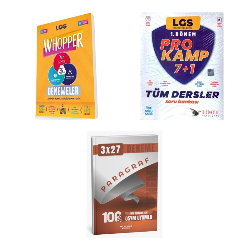 2027 8. Sınıf/LGS Limit 1. Dönem Whopper 3 lü Deneme Seti + Prokamp Tüm Dersler Soru + Ankapade Set