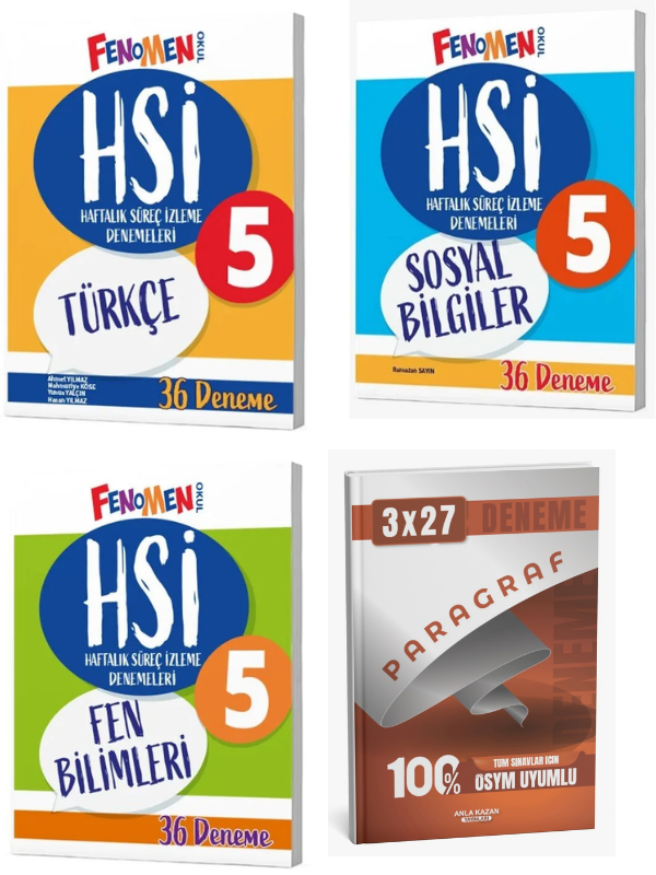 Fenomen Okul 2027 5. Sınıf Türkçe+Sosyal Bilgiler+ Fen Bilimleri HSİ Haftalık Süreç İzleme 36 Deneme+Anla Kazan Paragraf
