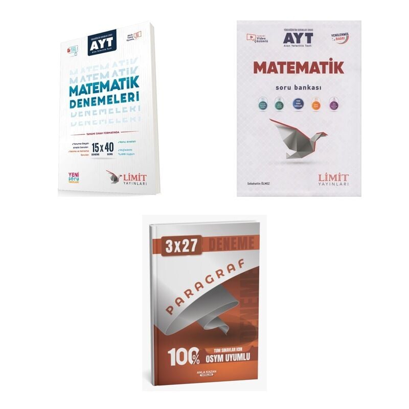 2027 Limit AYT Matematik 15x40 Video Çözümlü Deneme + Soru + anla kazan paragraf deneme 3'lü Set