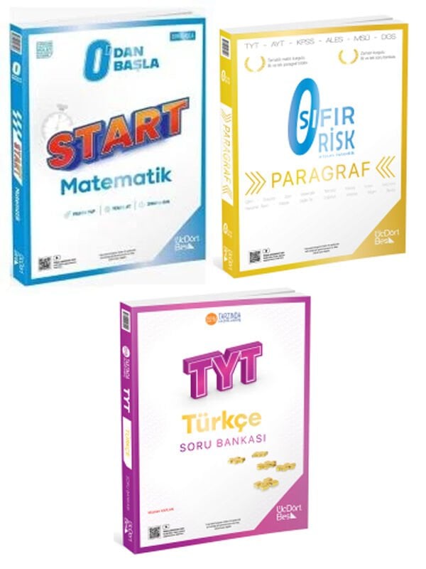 ÜçDörtBeş 2026 TYT 0 dan Başla Matematik + 0 Risk Paragraf + TYT Türkçe Soru Bankası 3 lü Set
