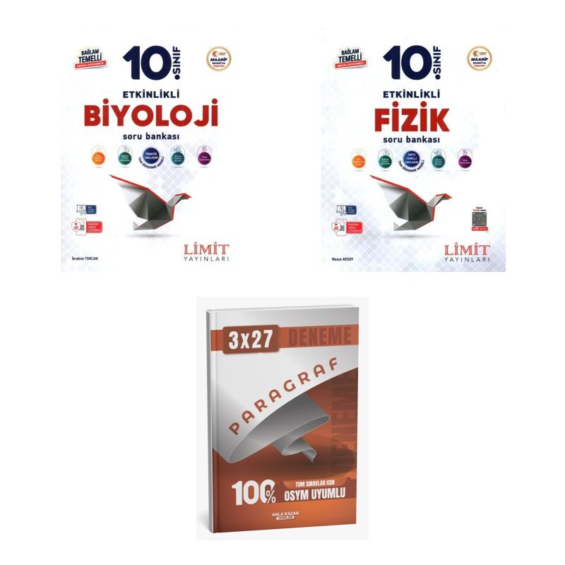 2027 Limit 10. Sınıf Etkinlikli Maarif Biyoloji + Fizik Soru + anla kazan paragraf deneme 3'lü Set