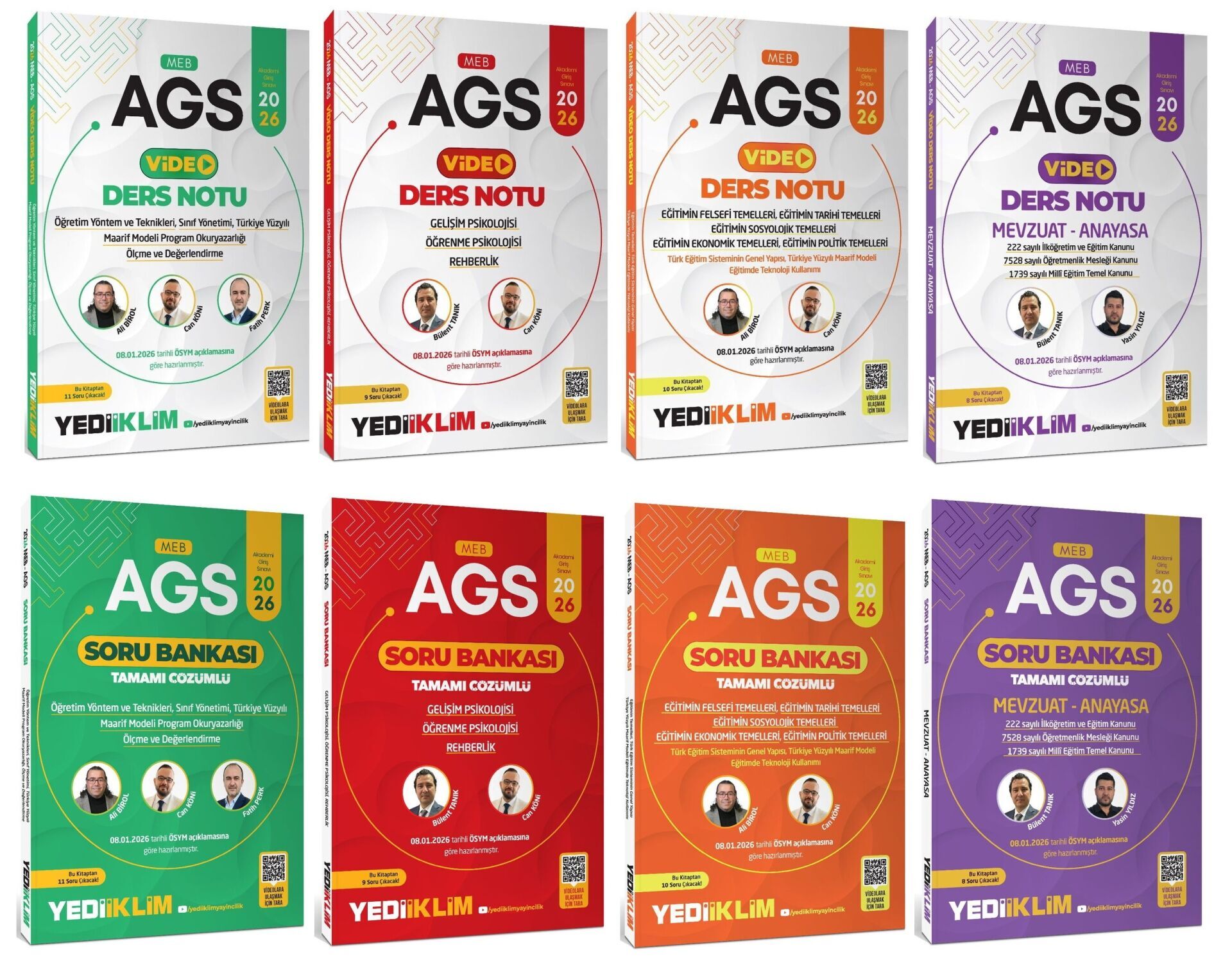Yeni AGS SİSTEMİ Yediiklim 2026 MEB-AGS Eğitim Bilimleri + Mevzuat Video Ders Notu + Soru Bankası 8 li Set Yediiklim Yayınları