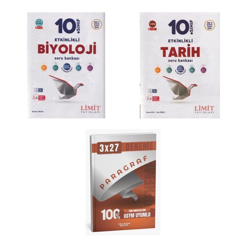 2027 Limit 10. Sınıf Etkinlikli Biyoloji + Tarih Soru + anla kazan paragraf deneme 3'lü Set