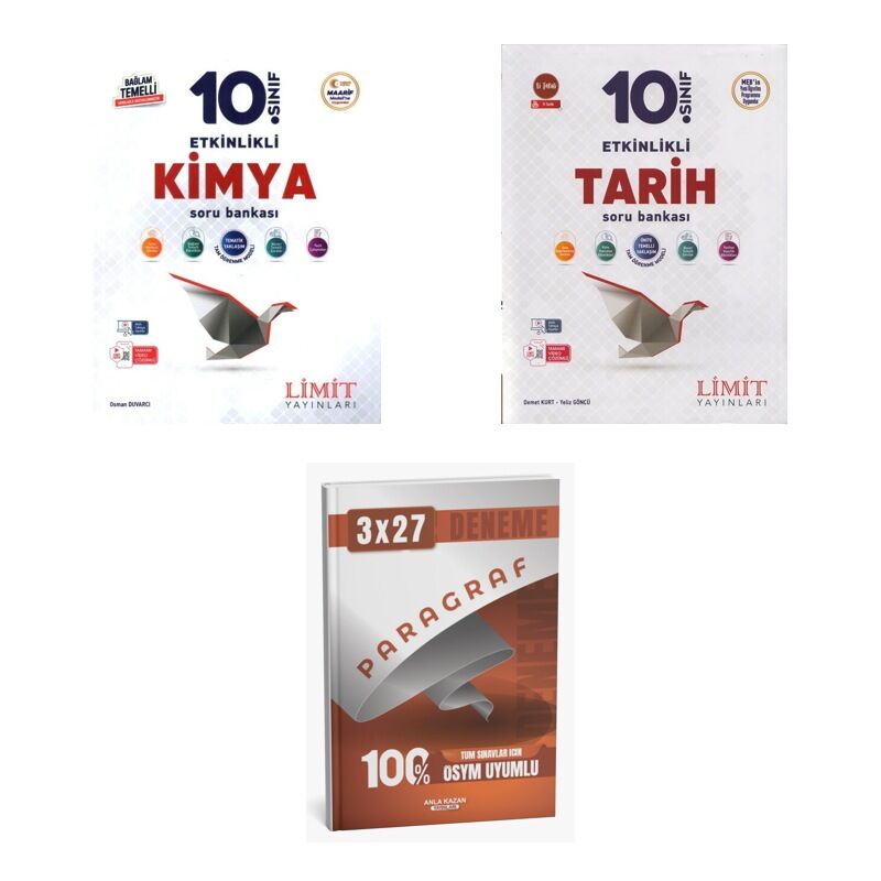 2027 Limit 10. Sınıf Etkinlikli Kimya Maarif + Tarih Soru + anla kazan paragraf deneme 3'lü Set