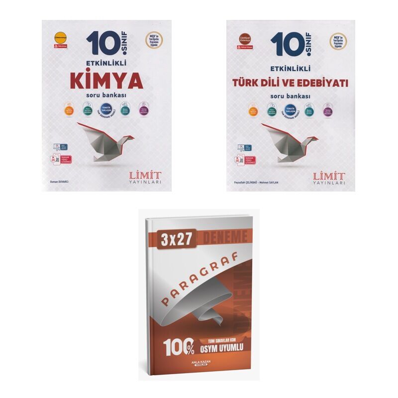 2027 Limit 10. Sınıf Etkinlikli Kimya + Edebiyat Türk Dili ve Edebiyatı Soru + anla kazan paragraf deneme 3'lü Set