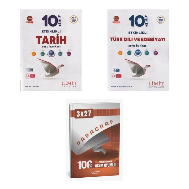 2027 Limit 10. Sınıf Etkinlikli Tarih + Edebiyat Türk Dili ve Edebiyatı Soru + anla kazan paragraf deneme 3'lü Set