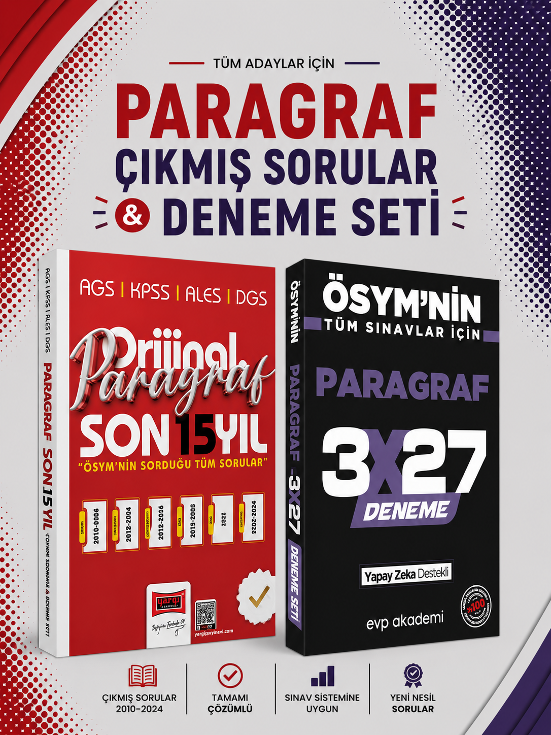 Yargı Paragraf Son 15 Yıl Çıkmış Sorular & 3x27 Paragraf Deneme EVP Akademi Seti