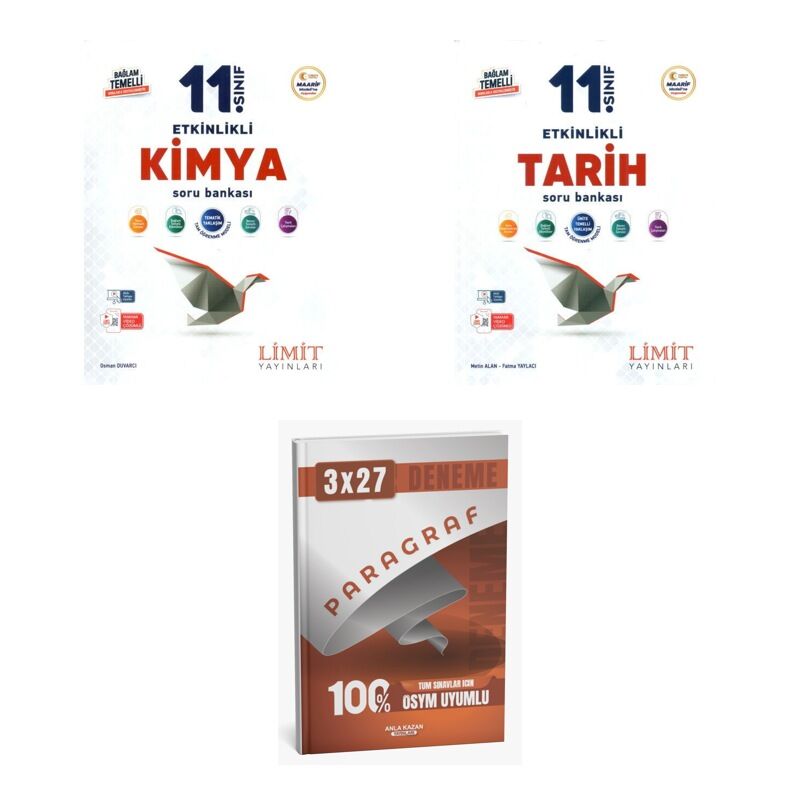 2027 Limit 11. Sınıf Etkinlikli Kimya + Tarih Soru + anla kazan paragraf deneme 3'lü Set